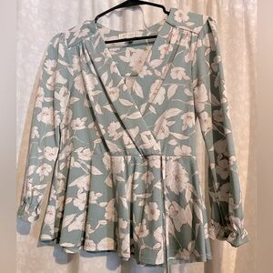 Elegant Floral Wrap Blouse - Blue